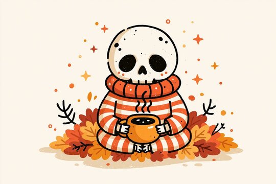 A cute skeleton wearing striped pajamas sits in a pile of autumn leaves, holding a steaming cup of coffee.