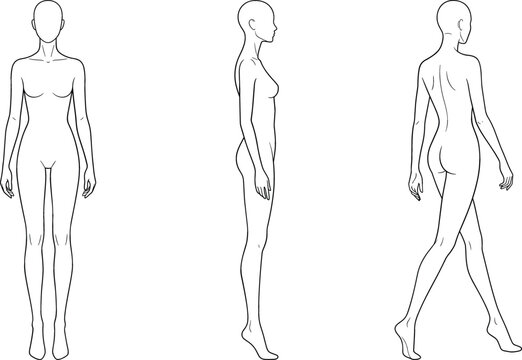 Female fashion croquis vector figure template set featuring front side and walking back views for apparel design sketches