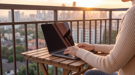 Obraz premium Freelance professional typing on laptop at sunset on apartment balcony. Remote work from home office with city skyline view.