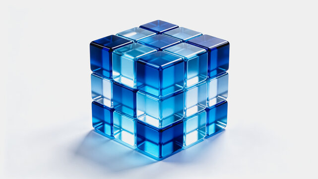 A 3x3 transparent blue glass cube, a geometric modular object, displayed on a plain white studio background.