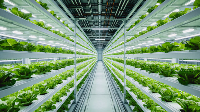 An indoor vertical hydroponic farm growing layered leafy green vegetables under artificial grow lights, with organized shelving and controlled cultivation space.