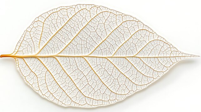 Detailed yellow-toned leaf skeleton showing complex vascular structure on white backdrop.