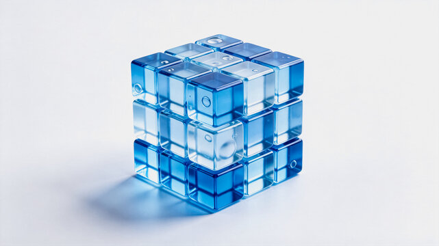 A transparent blue 3x3 cube puzzle, made of interlocking blocks, placed on a plain white background.