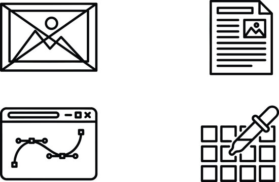 Graphic design web development vector icon set featuring image frame article document bezier curve tool and color picker