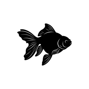 Fine black silhouette vector illustration of a fancy oranda goldfish isolated on a white background, highlighting its flowing tail and fins.