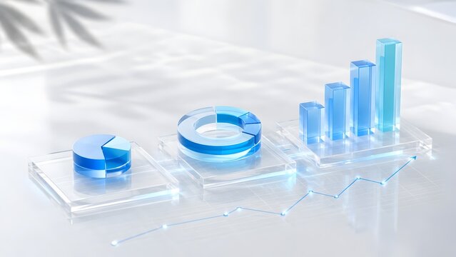 Minimalist 3D transparent glass financial charts and graphs on white background with soft shadows representing clean corporate business analytics