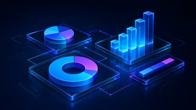 Neon glowing 3D glass financial charts and data analytics dashboard with blue and purple light on dark futuristic technology background