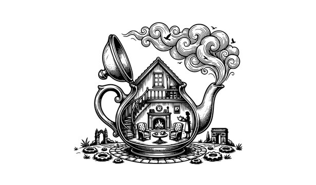 Tiny House Inside Teapot Surreal Vector Illustration
