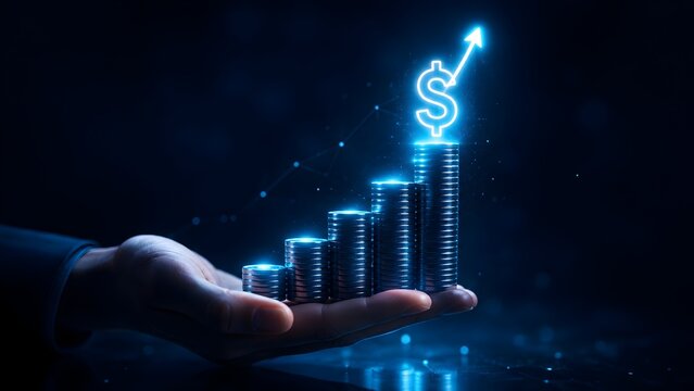 Hand holding a rising stack of coins with glowing neon dollar sign and upward arrow representing financial growth and investment success