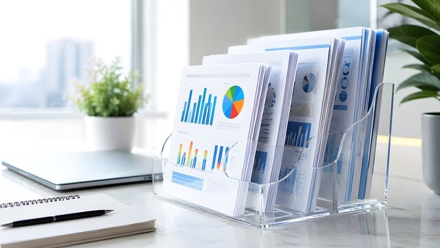 Clear acrylic file organizer holding financial reports and colorful data charts on a bright modern office desk representing business strategy planning