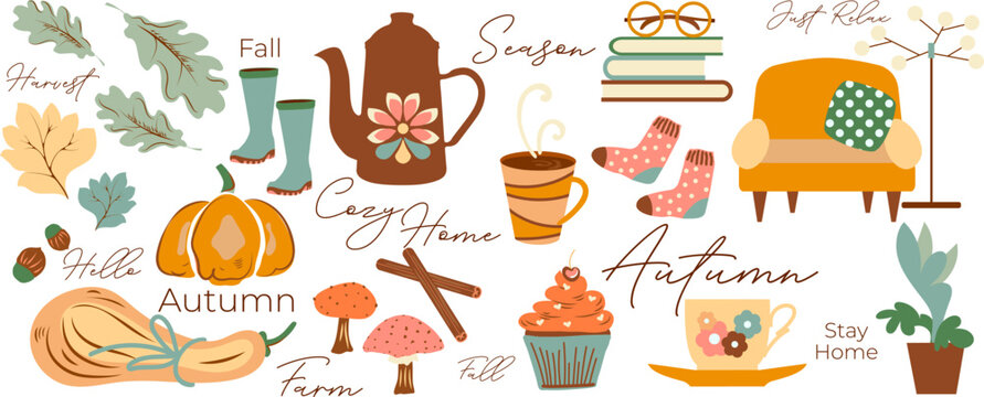 Cozy warm autumn home comfort element set with pumpkin, tea mug, armchair, books, socks, cupcake and fall leaves. Harvest, relaxing and seasonal higgle for design flat style cute items