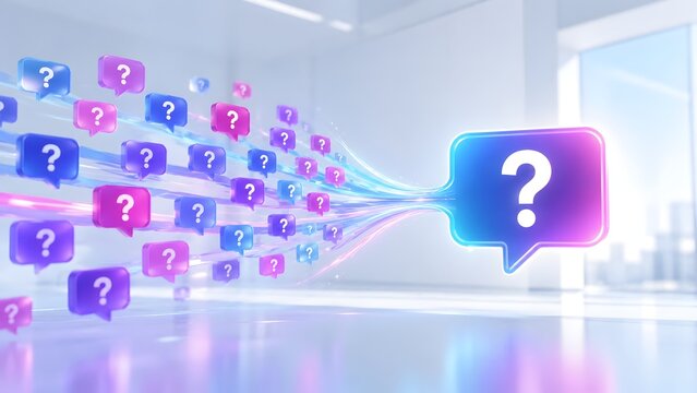 Stream of colorful 3D question mark speech bubbles flowing into one large glowing icon representing centralized customer support and information gathering