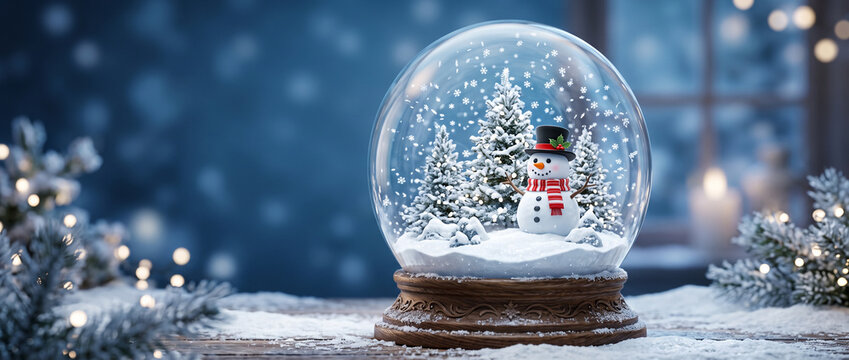 Winter backgrounds for banner social media cover header design with enchanting snow globe scene with a smiling snowman amidst snowy pine trees and festive lights creating a magical winter atmosphere