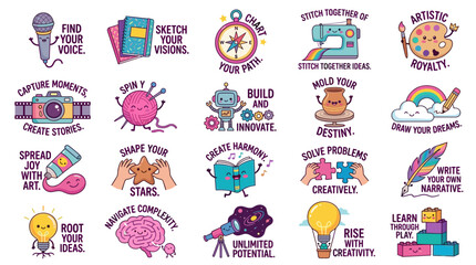 Fototapeta premium Motivational Kawaii Sticker Pack with Creative Hobbies and Inspirational Quotes for Journaling
