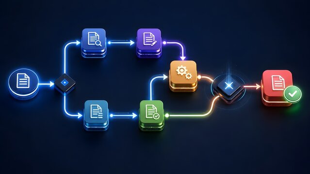 Glowing digital workflow diagram showing document editing processing and final approval stages on a modern dark tech background