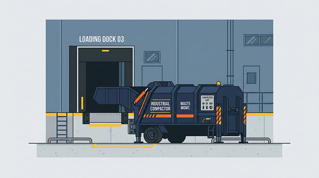 Industrial waste compactor parked at a warehouse loading dock