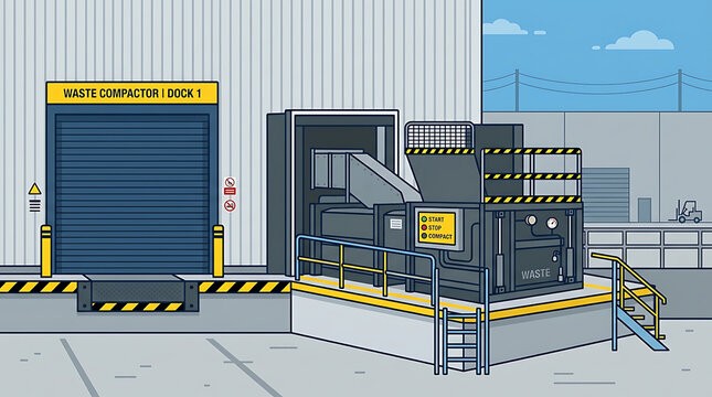 Industrial waste compactor machine at a factory loading dock