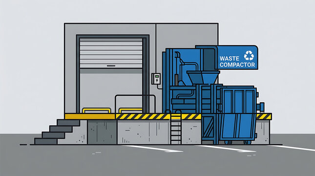 Industrial waste compactor placed next to a warehouse loading dock