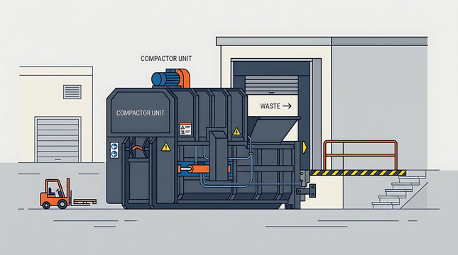 Industrial waste compactor unit docked at a facility building