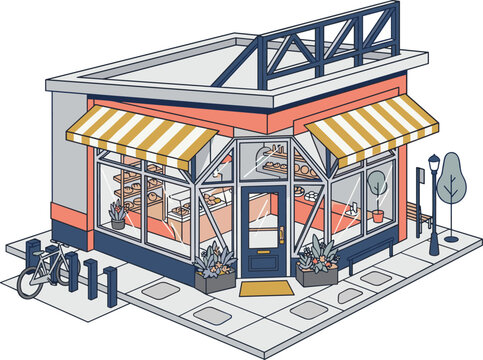 Modern isometric bakery shop building illustration on city street corner with cafe storefront and bicycle rack