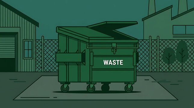 Industrial waste dumpster sitting on a paved lot outside a commercial building