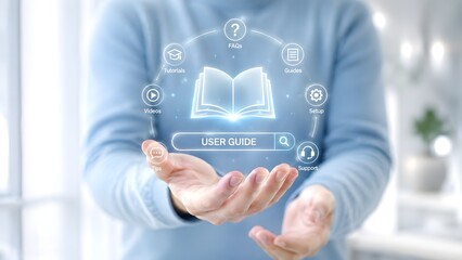 Obraz premium Comprehensive Digital User Guide and Help Center Interface Hovering Over Hands with Support Icons