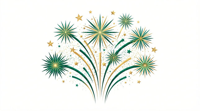 Elegant green and gold fireworks bursting with stars and confetti