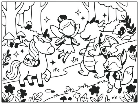 Whimsical cartoon forest scene with magical creatures dancing and celebrating Vector