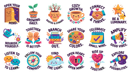 Fototapeta premium Collection of cute motivational stickers with inspirational quotes and kawaii cartoon characters