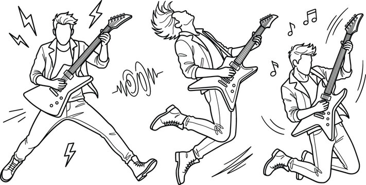 Rock guitarist musician character outline vector icon set with rockstar playing electric guitar jumping performing on live concert