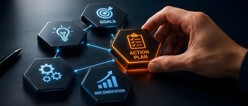 Hand Arranging Glowing Hexagonal Tiles with Action Plan and Business Strategy Icons on a Dark Desk