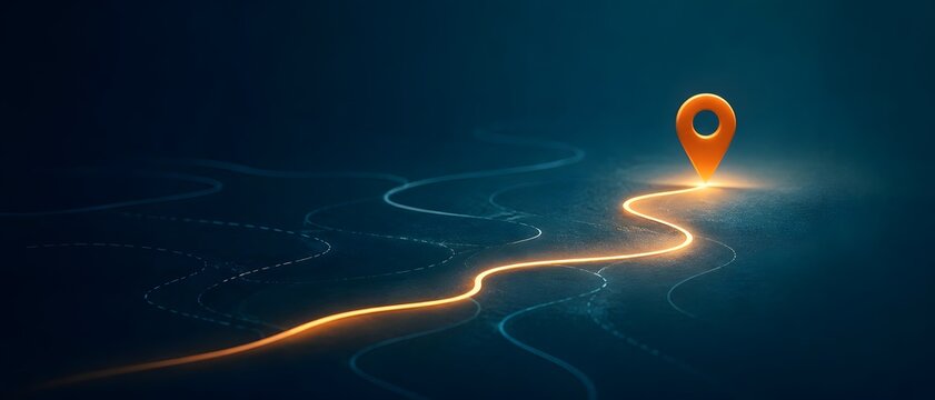 Glowing Orange Location Pin at the End of a Luminous Path on a Dark Topographical Map Background
