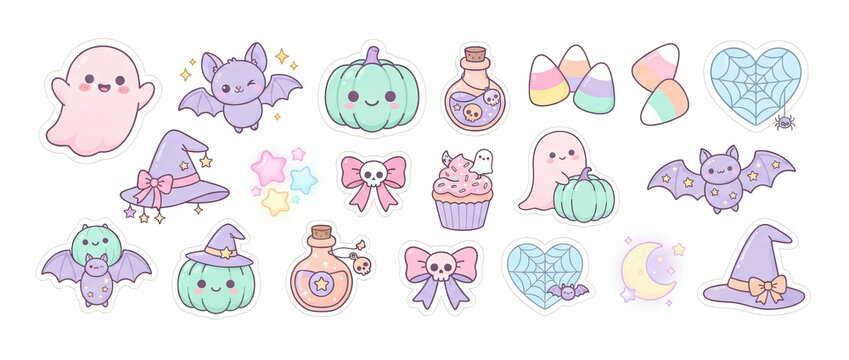 Cute kawaii Halloween stickers with ghosts, bats, pumpkins, and potions