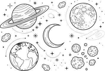Hand Drawn Outer Space Celestial Line Art Vector Set with Planets Earth Saturn Crescent Moon Asteroids and Stars for Galaxy Astronomy Designs © SANJU