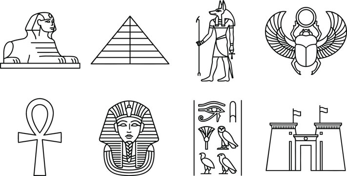 Vector ancient egyptian icons set featuring sphinx pyramid pharaoh mask anubis ankh scarab beetle hieroglyphs and temple ruins