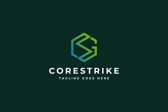 Hexagon logo design featuring abstract geometric letters CS and clean modern typography against a dark green solid background for corporate identity branding