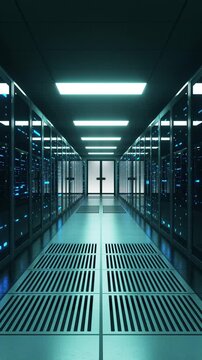 Server room data center dolly shot - Dark room with lights turning on