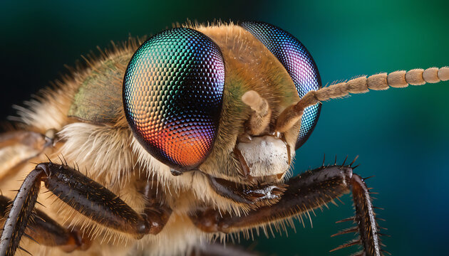 Macro close-up of a fly head showing iridescent compound eyes and detailed insect texture.