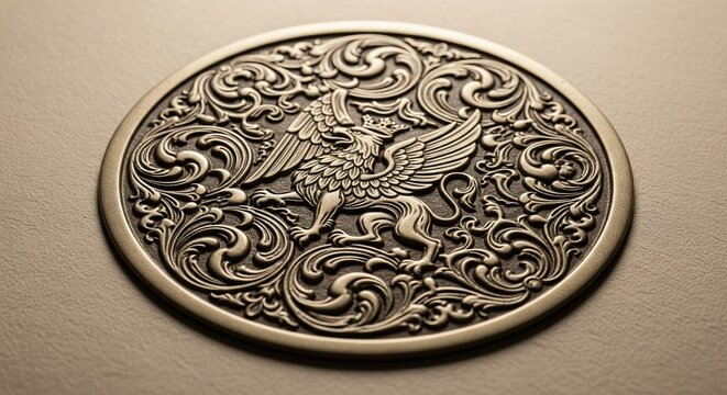 Ornate bronze circular medallion featuring a detailed griffin in relief with intricate filigree scrollwork patterns on a neutral background