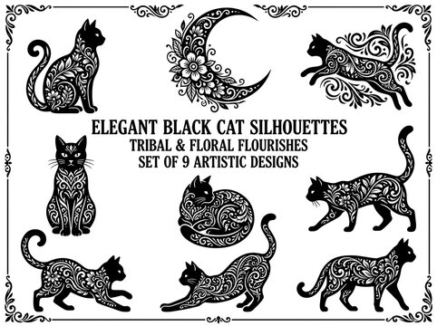 Mystical Black Cat and Floral Flourishes Vector Collection Isolated on White Background
