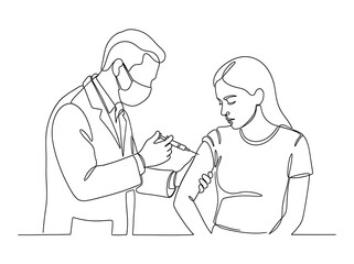 Fototapeta premium Continuous Line Art of Doctor Giving Vaccine Injection to Female Patient Isolated on White Background