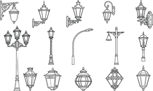 Vector set of street lights featuring vintage lanterns classic lampposts modern pole light and decorative wall sconces