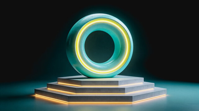 A glossy turquoise ring with a yellow neon glow rests on a layered hexagonal pedestal in a dark minimalist studio setting.