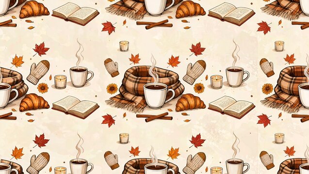 Cozy Autumn Items Hand-Drawn Pattern Background