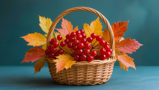 Basket of Red Berries and Autumn Leaves on Teal Background