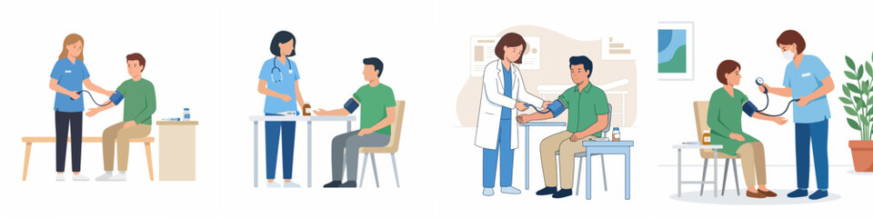 Obraz premium Vector illustration set of medical professionals measuring blood pressure of patients in a clinic. Healthcare workers using sphygmomanometer cuffs for physical exams and health screening.