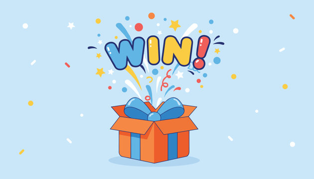 Big bold colorful win text exploding out of an orange gift box with a blue ribbon on a light blue background.