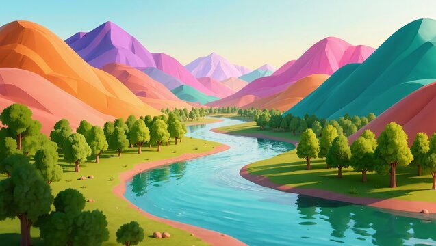Low-Poly Mountain Landscape with River Illustration