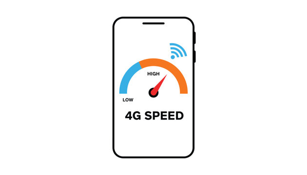 Smartphone displaying a 4G speed test dial showing high speed internet connection with wifi signal waves on screen.