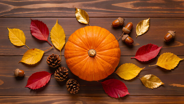 Pumpkin with Pinecones and Autumn Leaves on Wooden Table